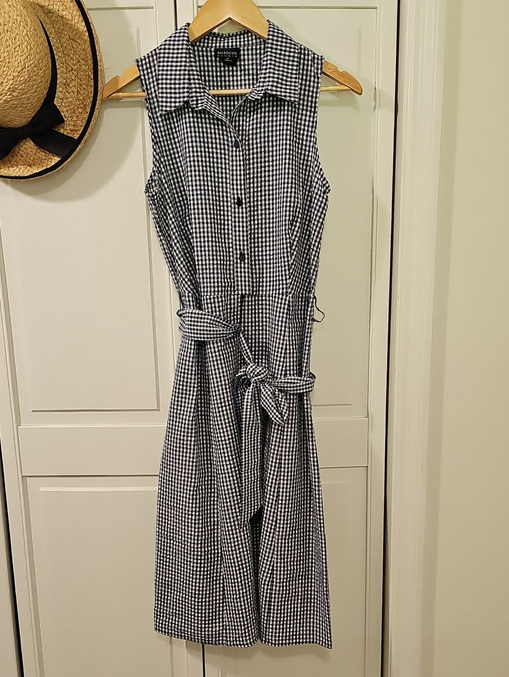 Studio Navy and White Gingham Dress With Waist Tie.